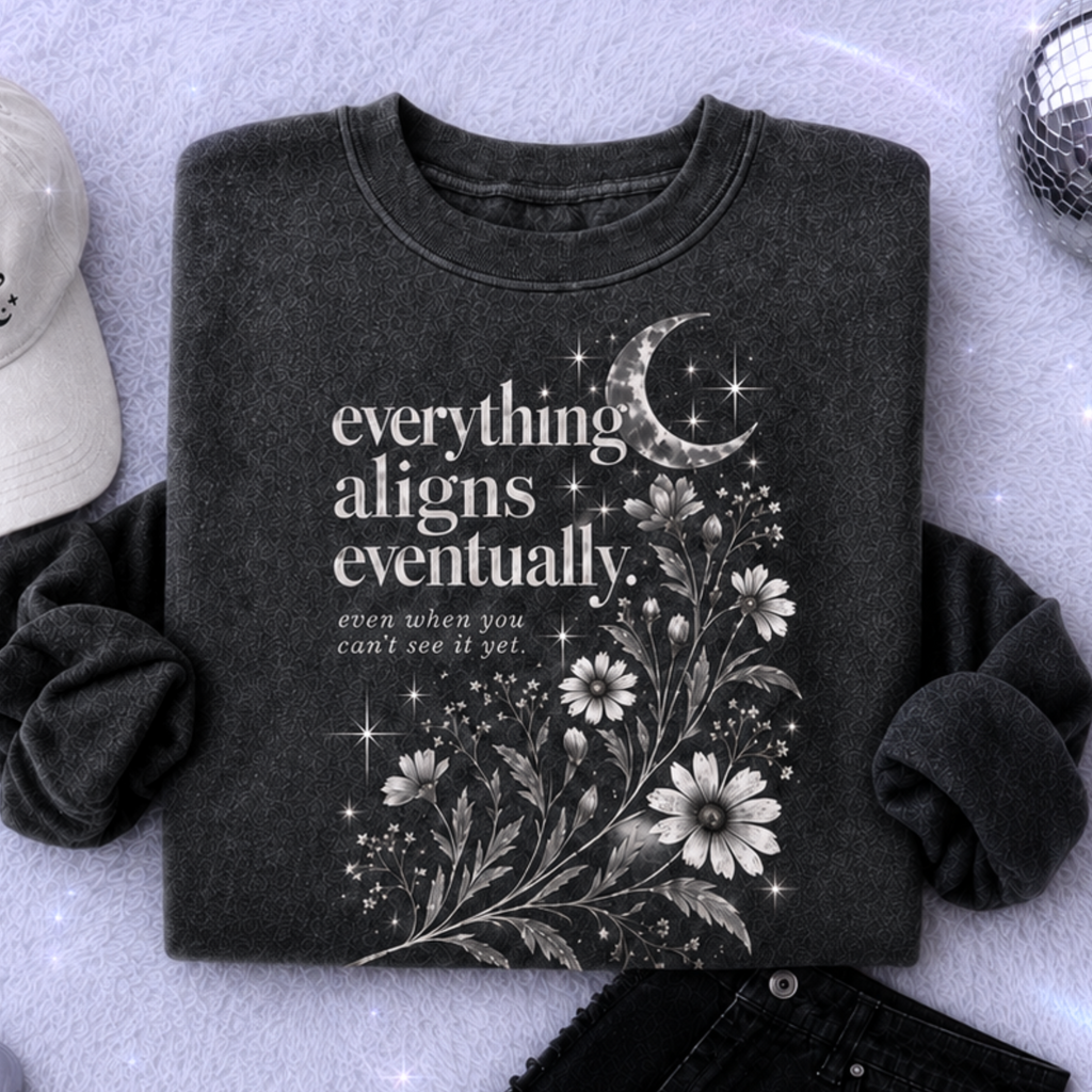 A styled flat-lay featuring a dark gray graphic t-shirt with white text and floral/crescent moon artwork. The shirt is surrounded by coordinating accessories including a white baseball cap, black distressed shorts, a silver star-shaped accessory, a small silver phone, and a lavender notebook on a sparkly lavender background.